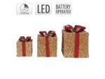 Conjunto de 3 Presentes de Natal Da Deco com Leds Castanho Claro/Vermelho com Laços e Temporizador